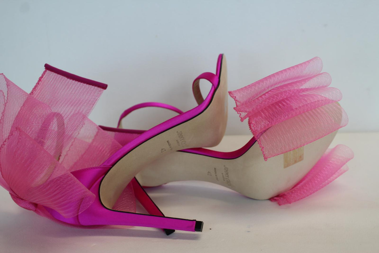 JIMMY CHOO Ladies Aveline 100 Bow Satin Sandals Fuchsia Pink EU42 UK9 NEW