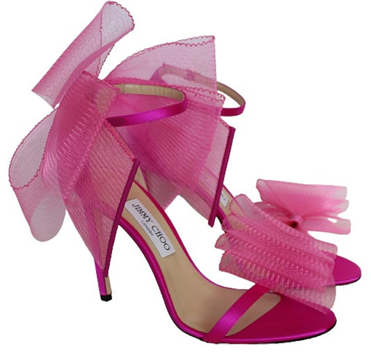 JIMMY CHOO Ladies Aveline 100 Bow Satin Sandals Fuchsia Pink EU40 UK7 NEW