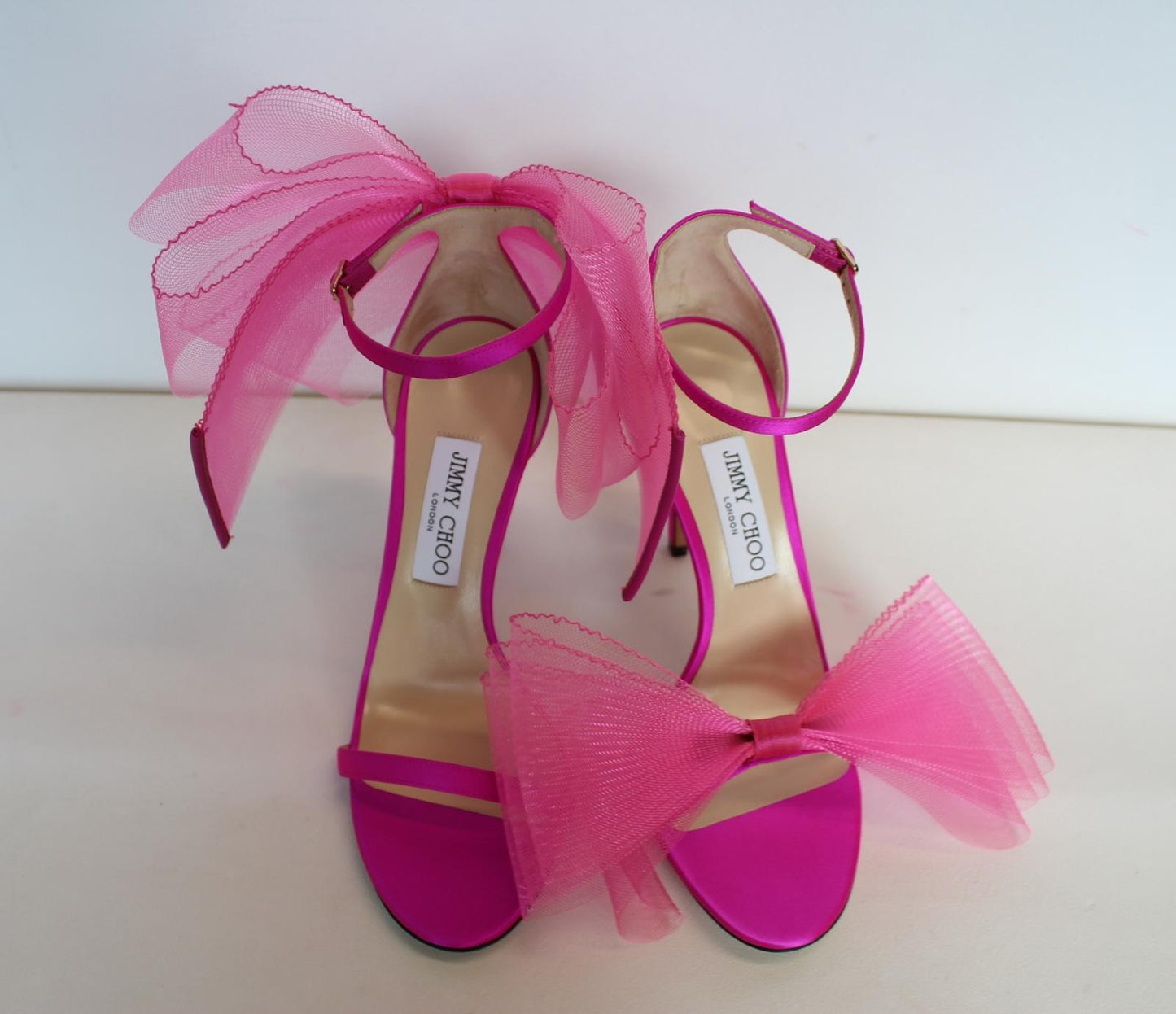 JIMMY CHOO Ladies Aveline 100 Bow Satin Sandals Fuchsia Pink EU40 UK7 NEW