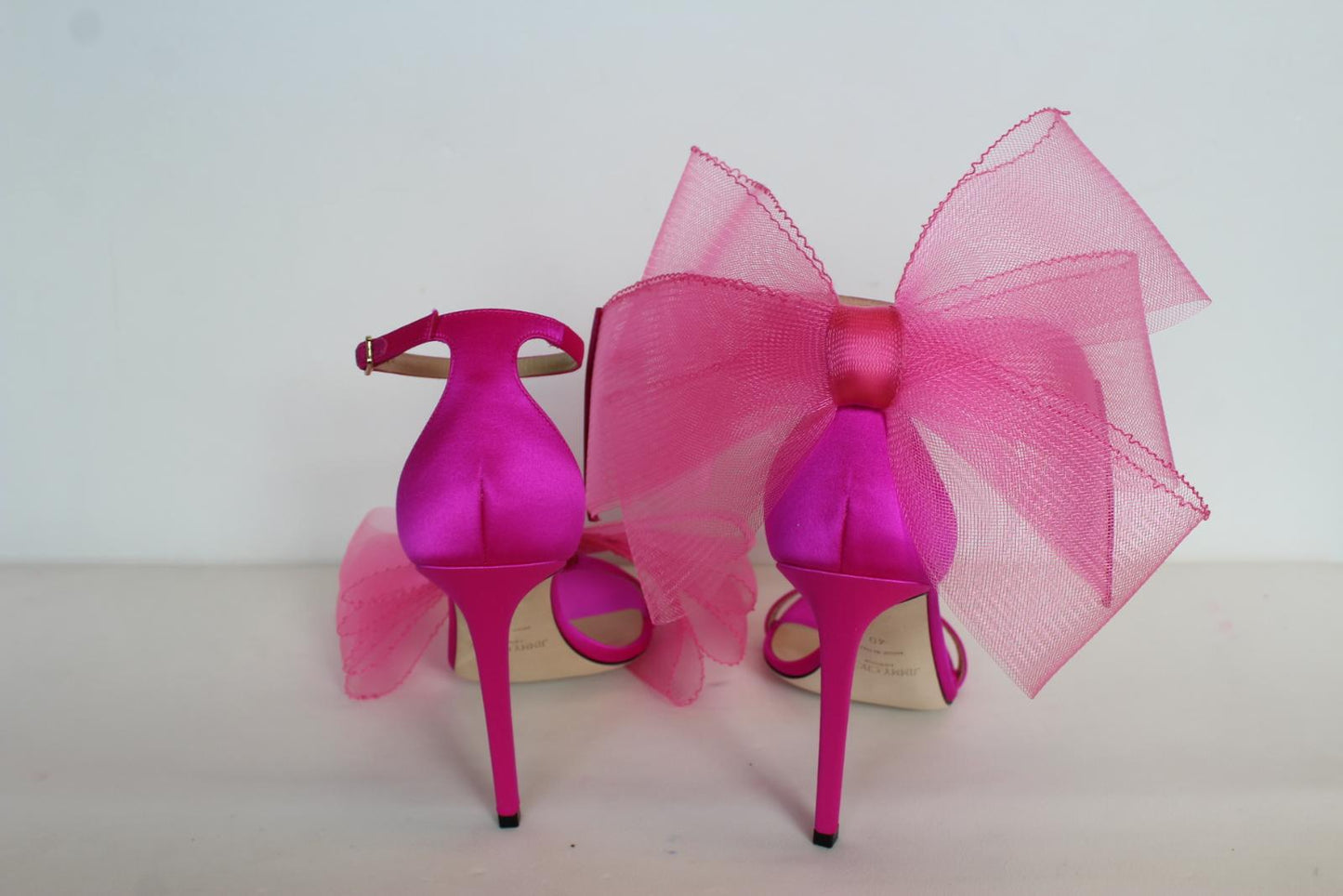 JIMMY CHOO Ladies Aveline 100 Bow Satin Sandals Fuchsia Pink EU40 UK7 NEW