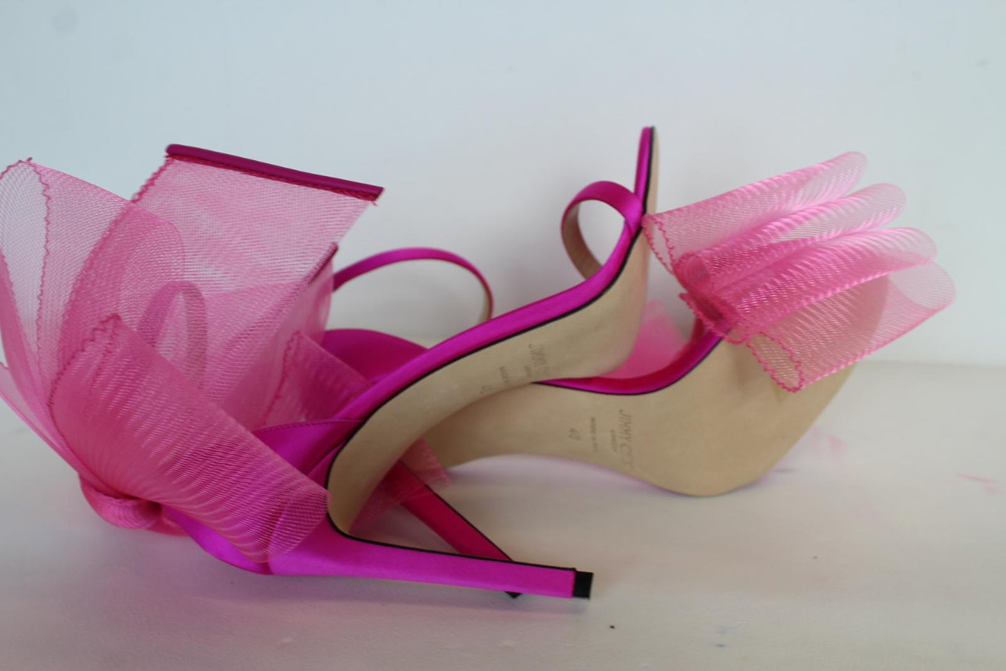 JIMMY CHOO Ladies Aveline 100 Bow Satin Sandals Fuchsia Pink EU40 UK7 NEW