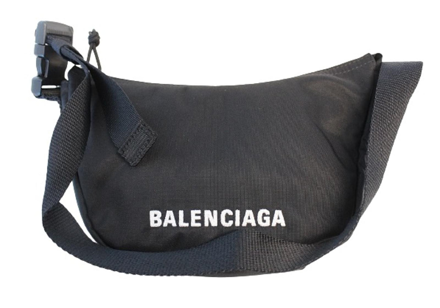 BALENCIAGA Ladies Black White Nylon Wheel Sling Logo Zip Shoulder Bag OS NEW
