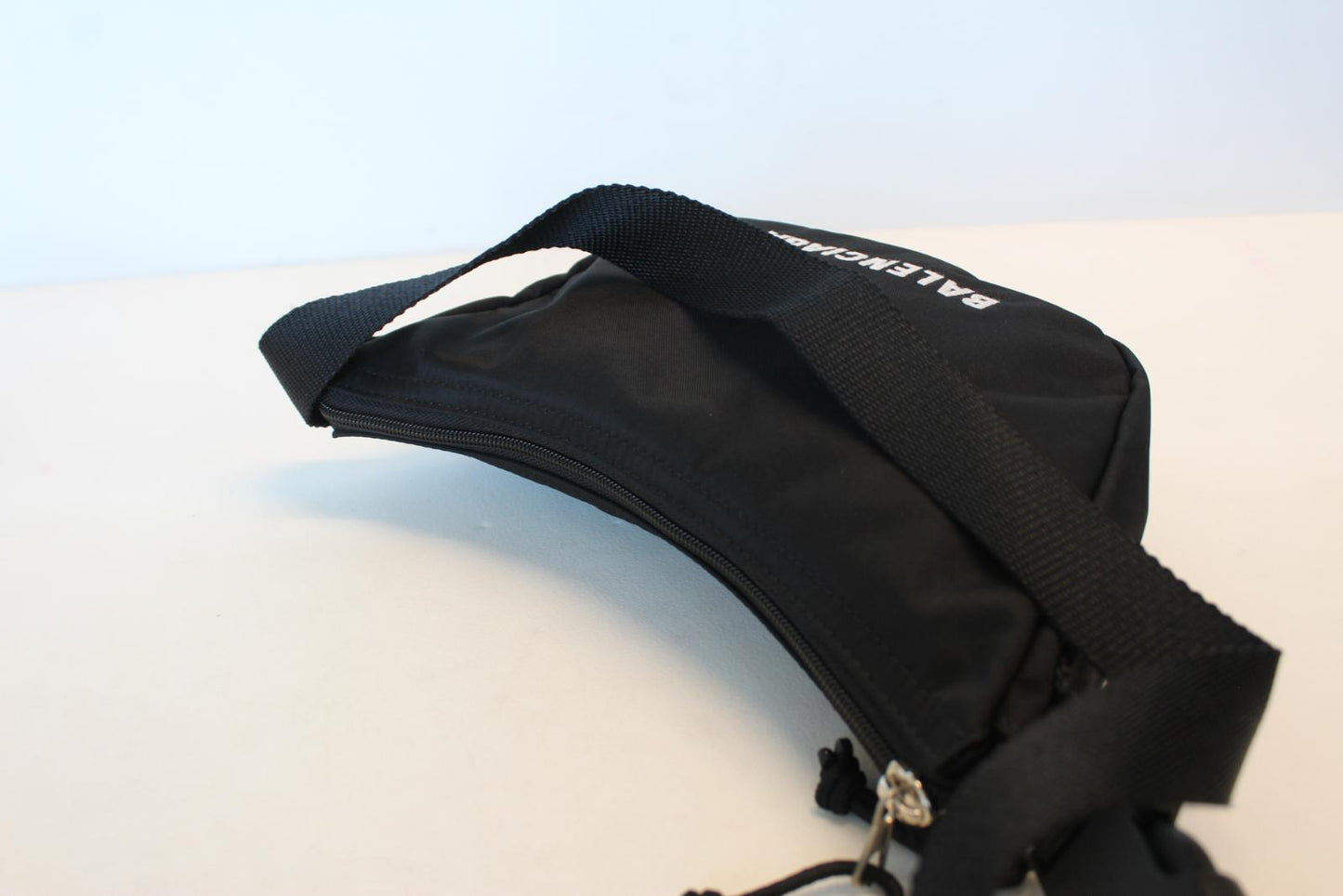 BALENCIAGA Ladies Black White Nylon Wheel Sling Logo Zip Shoulder Bag OS NEW