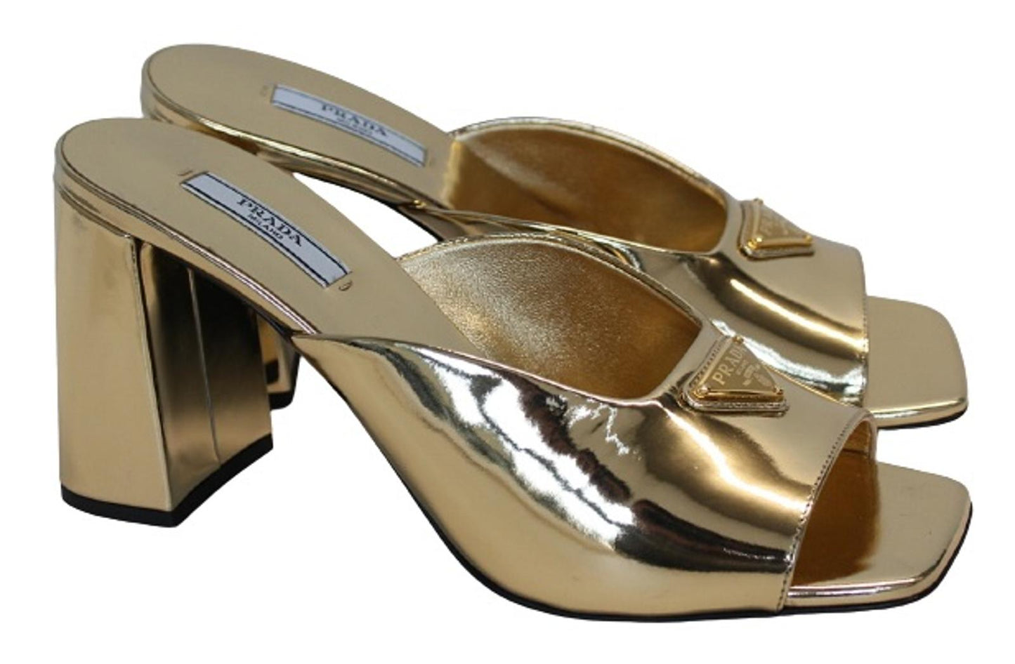 PRADA Ladies Metallic Gold Leather 85mm Block Heels Mules Shoes EU38 UK5 NEW