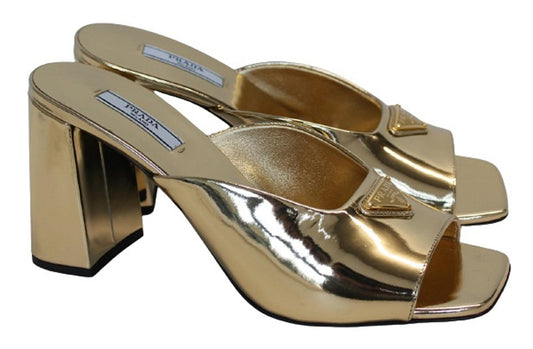 PRADA Ladies Metallic Gold Leather 85mm Block Heels Mules Shoes EU38 UK5 NEW