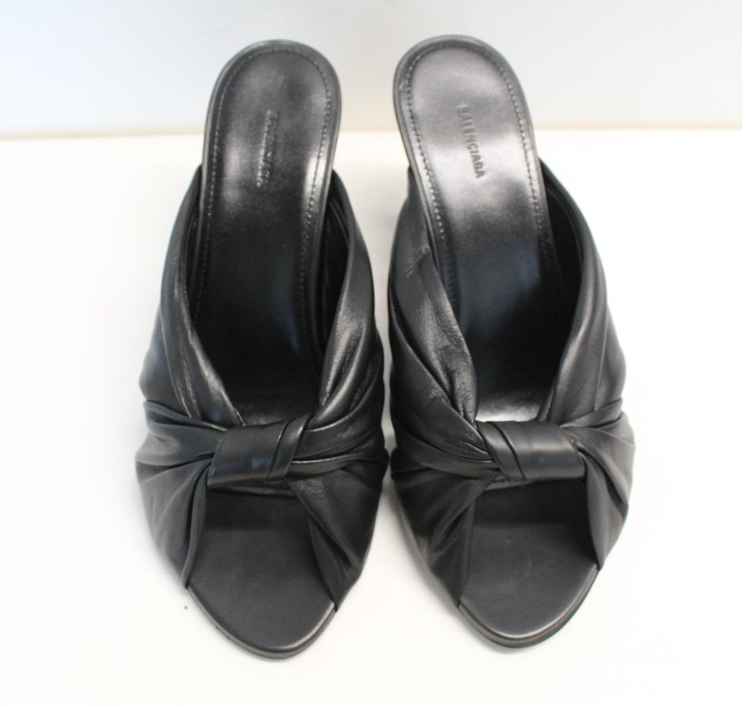 BALENCIAGA Ladies Black Leather Drapy Heels Mules Sandals Shoes EU37 UK4 NEW