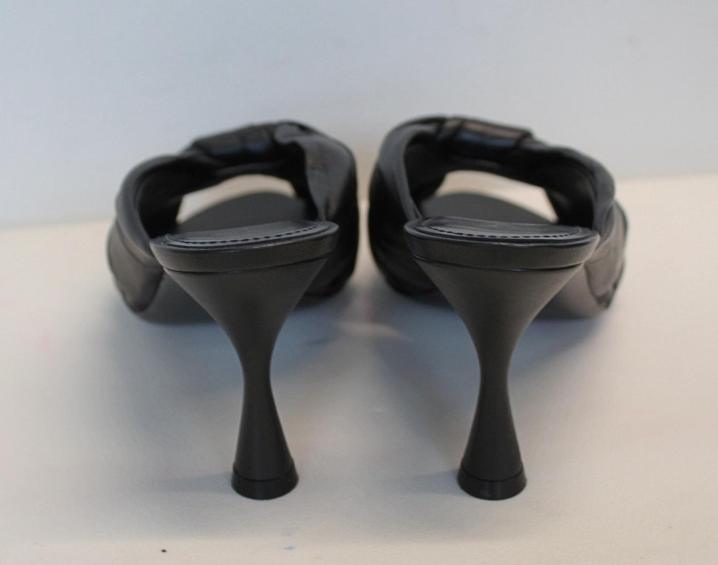 BALENCIAGA Ladies Black Leather Drapy Heels Mules Sandals Shoes EU37 UK4 NEW
