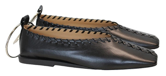 JIL SANDER Ladies Black Leather Whipstitch Anklet Ballet Flat Shoes EU39 UK6 NEW