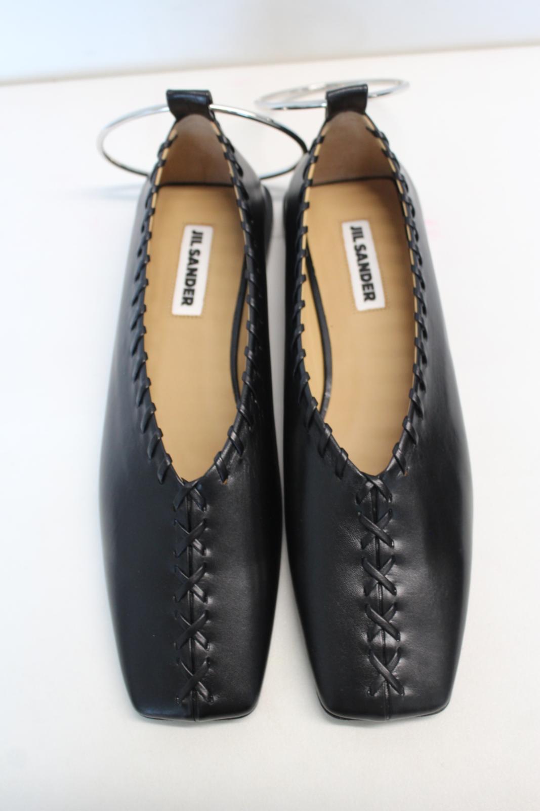 JIL SANDER Ladies Black Leather Whipstitch Anklet Ballet Flat Shoes EU39 UK6 NEW