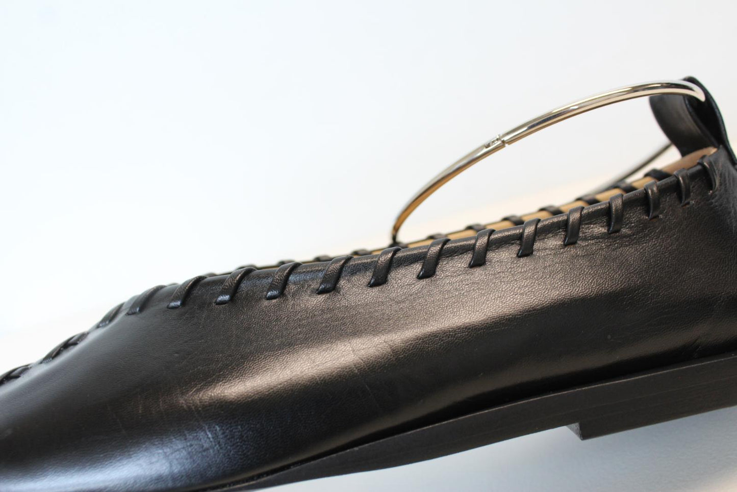 JIL SANDER Ladies Black Leather Whipstitch Anklet Ballet Flat Shoes EU39 UK6 NEW