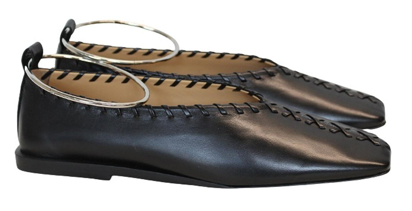 JIL SANDER Ladies Black Leather Whipstitch Anklet Ballet Flat Shoes EU41 UK8 NEW
