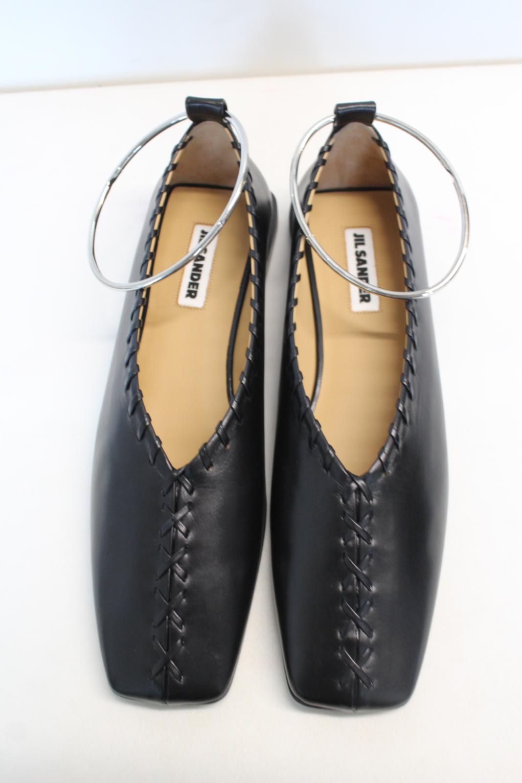 JIL SANDER Ladies Black Leather Whipstitch Anklet Ballet Flat Shoes EU41 UK8 NEW