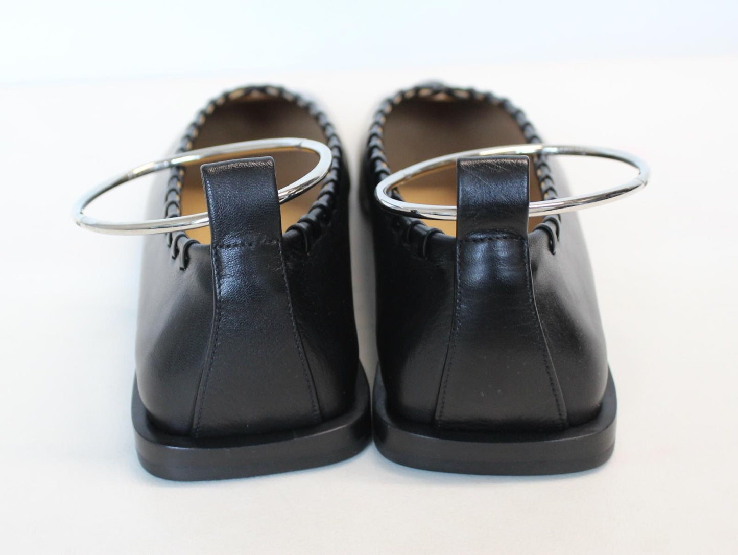 JIL SANDER Ladies Black Leather Whipstitch Anklet Ballet Flat Shoes EU41 UK8 NEW