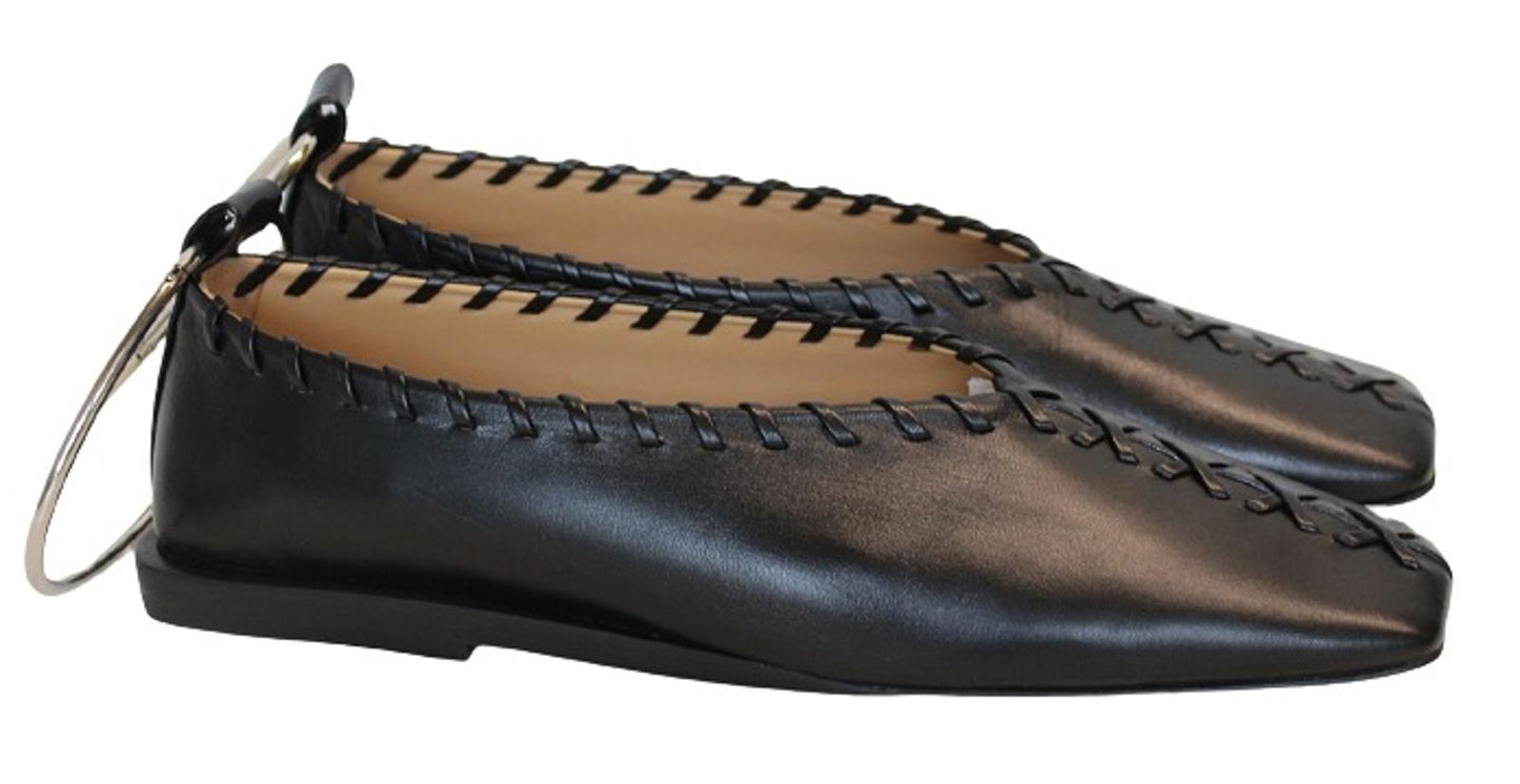 JIL SANDER Ladies Black Leather Whipstitch Anklet Ballet Flat Shoes EU37 UK4 NEW