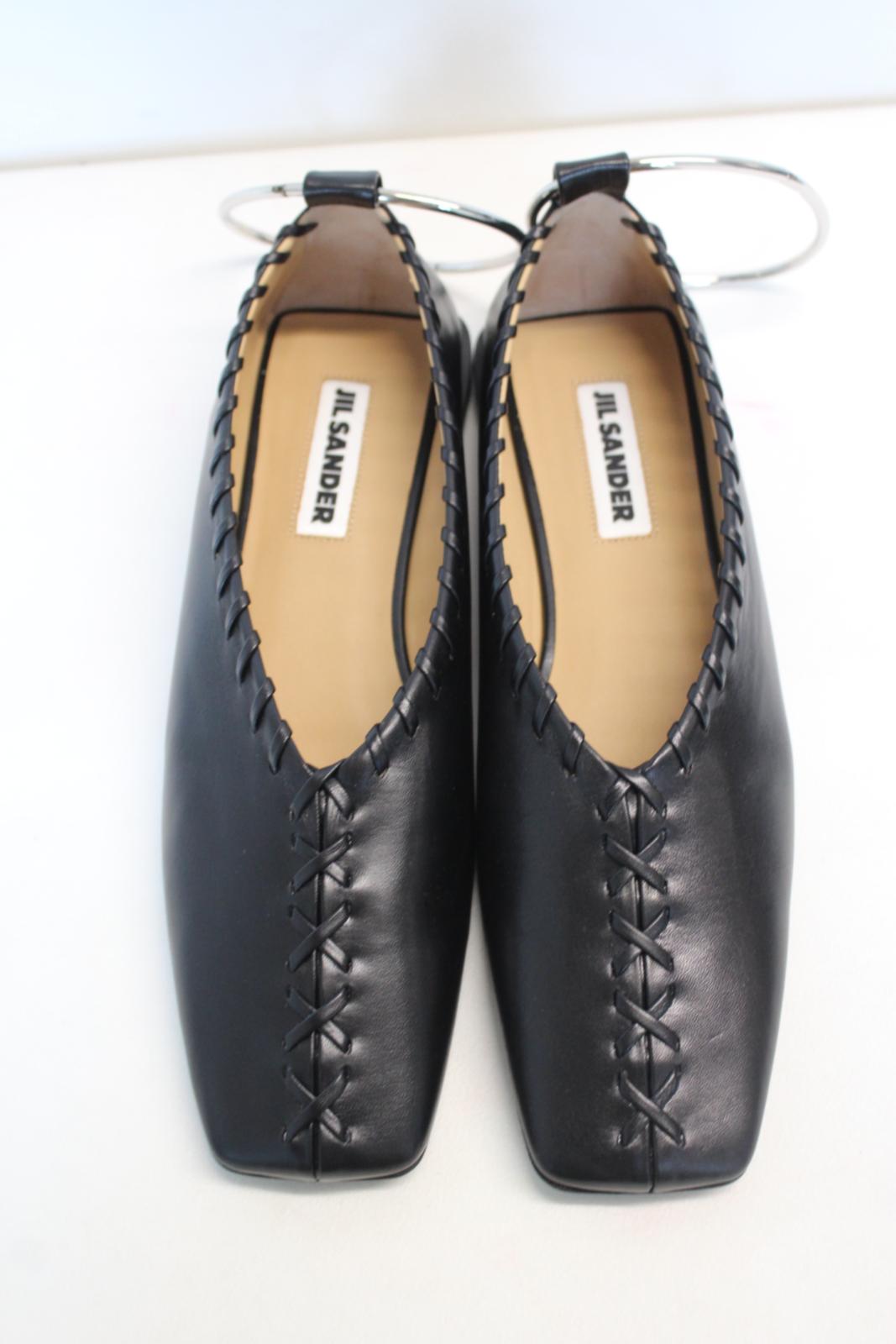 JIL SANDER Ladies Black Leather Whipstitch Anklet Ballet Flat Shoes EU37 UK4 NEW