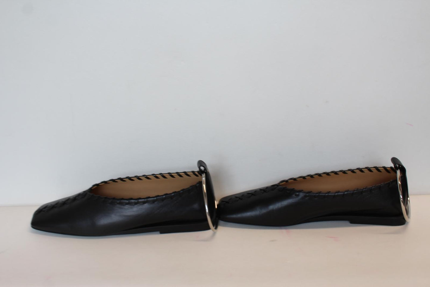 JIL SANDER Ladies Black Leather Whipstitch Anklet Ballet Flat Shoes EU37 UK4 NEW