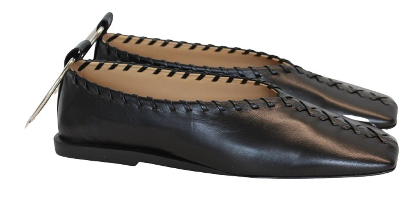JIL SANDER Ladies Black Leather Whipstitch Anklet Ballet Flat Shoes EU38 UK5 NEW