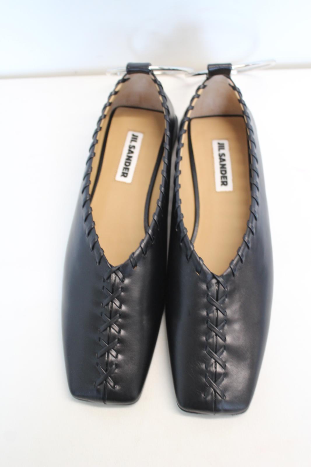 JIL SANDER Ladies Black Leather Whipstitch Anklet Ballet Flat Shoes EU38 UK5 NEW