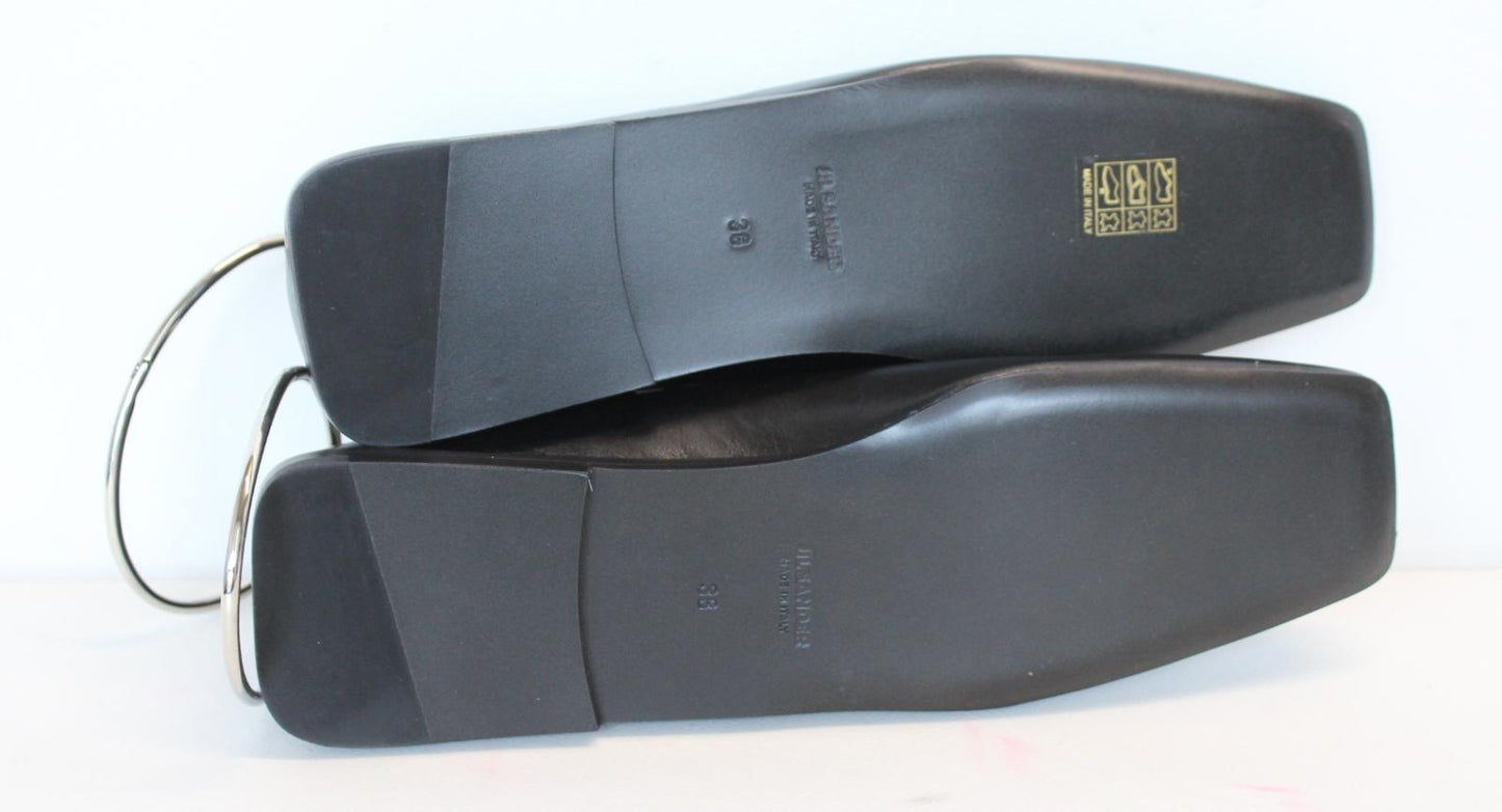 JIL SANDER Ladies Black Leather Whipstitch Anklet Ballet Flat Shoes EU38 UK5 NEW