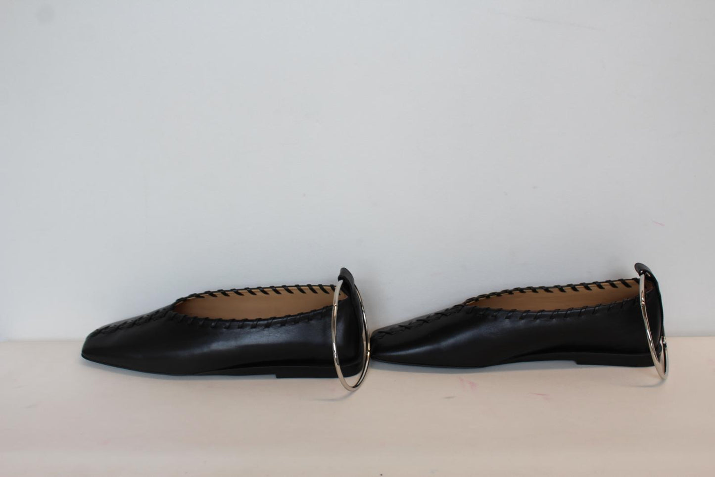 JIL SANDER Ladies Black Leather Whipstitch Anklet Ballet Flat Shoes EU38 UK5 NEW