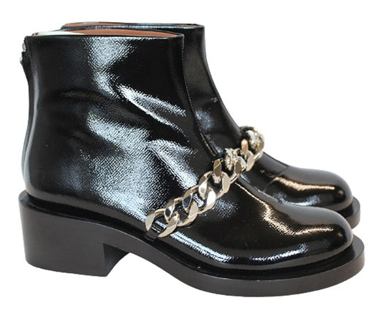 GIVENCHY Ladies Bottine 5 Chain Black Patent Leather Ankle Boots EU40 UK7 NEW