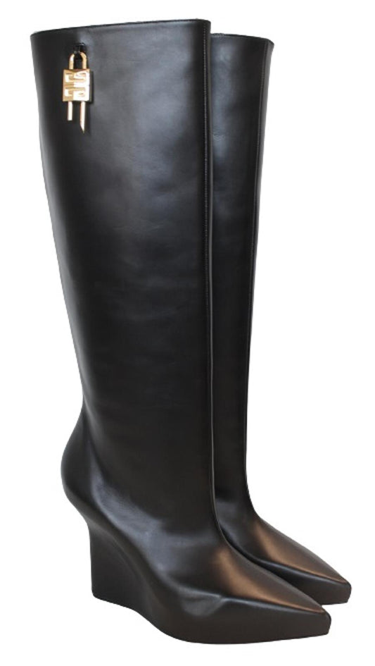 GIVENCHY Ladies G-Lock 110 Black Leather Wedge Knee High Boots EU38 UK5 NEW
