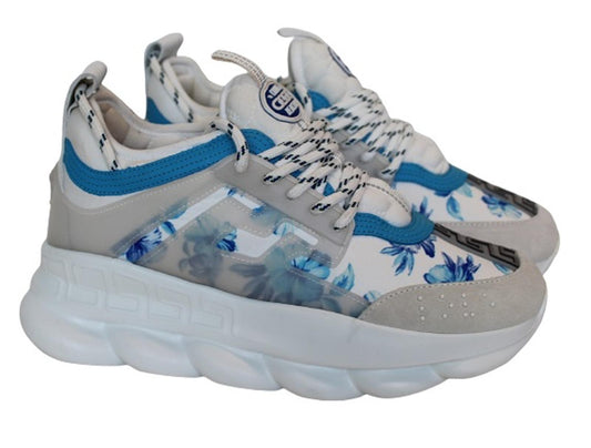 VERSACE Ladies Chain Reaction White Blue Grey Floral Print Trainers EU39 UK6 NEW