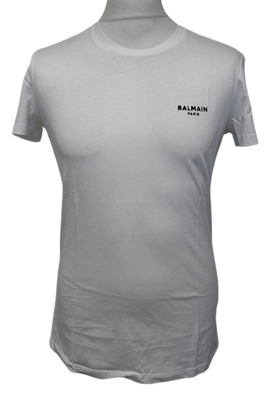 BALMAIN Men's Flock White/Black Short Sleeve Raised Logo Cotton T-Shirt XS NEW