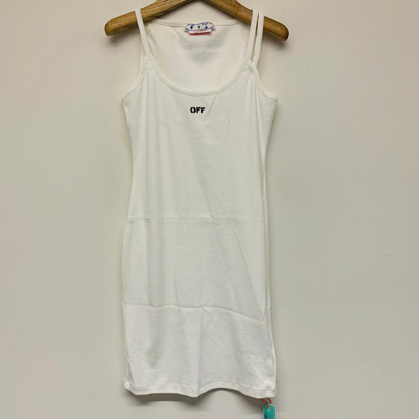OFF-WHITE White Ladies Sleeveless Stamp Basic Rib Stretch Bodycon Dress UK L NEW
