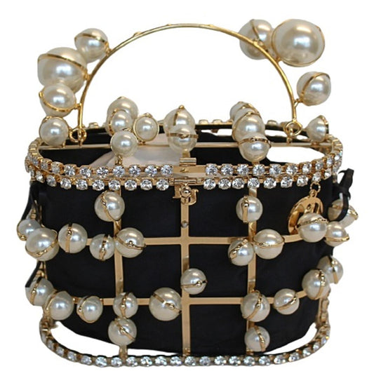 ROSANTICA Ladies Holli Explosion Black/Gold Tone Faux Pearl Crystal Tote Bag NEW