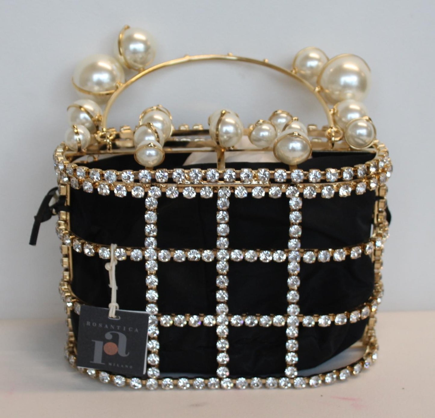 ROSANTICA Ladies Holli Explosion Black/Gold Tone Faux Pearl Crystal Tote Bag NEW