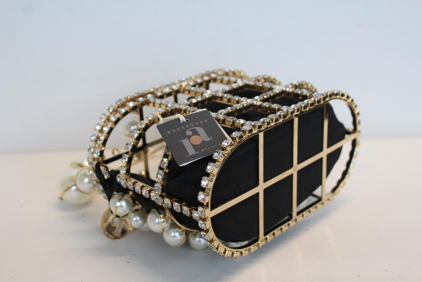 ROSANTICA Ladies Holli Explosion Black/Gold Tone Faux Pearl Crystal Tote Bag NEW