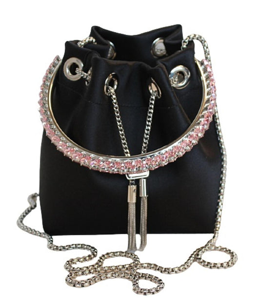 JIMMY CHOO Ladies Bon Bon Black Satin Pink Crystals Handle Bucket Bag NEW
