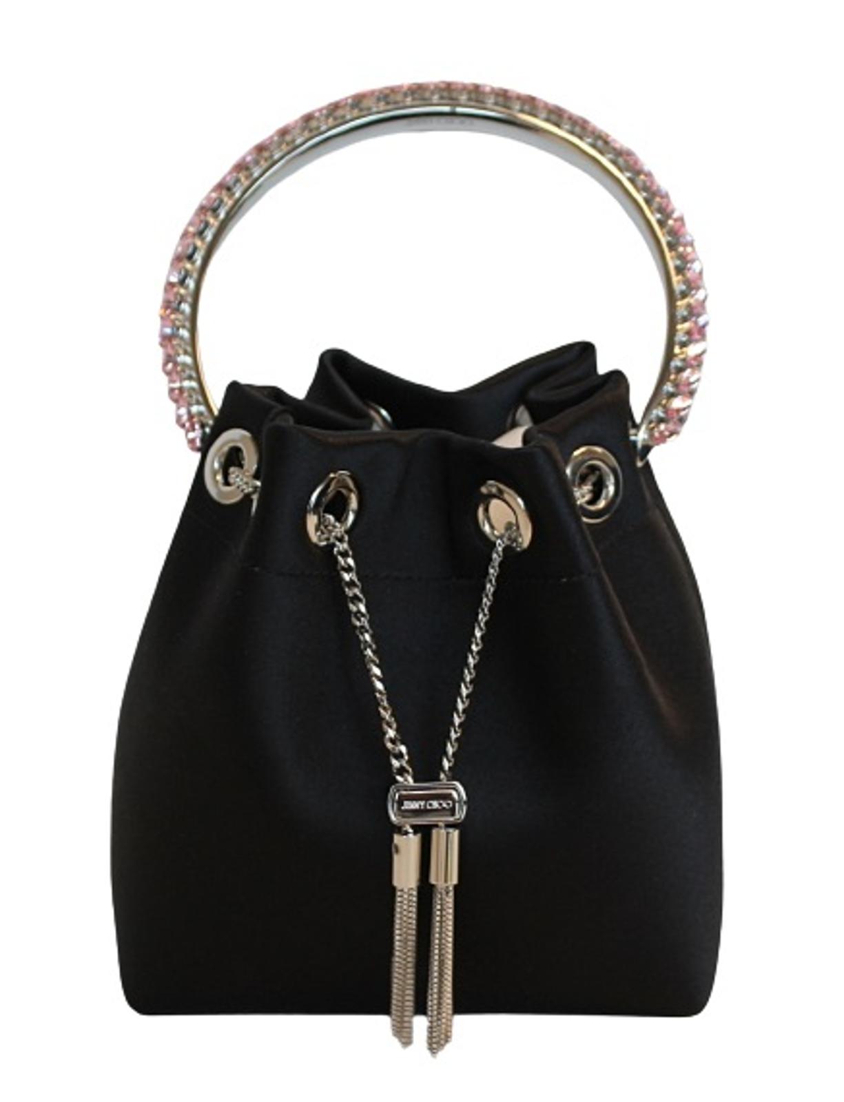 JIMMY CHOO Ladies Bon Bon Black Satin Pink Crystals Handle Bucket Bag NEW
