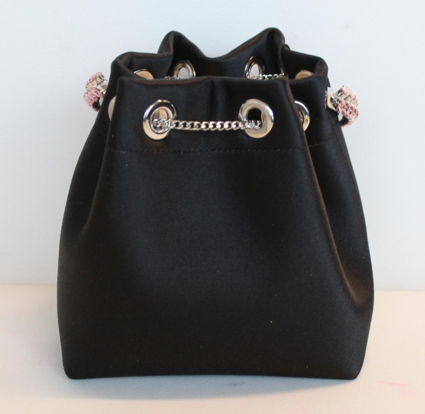 JIMMY CHOO Ladies Bon Bon Black Satin Pink Crystals Handle Bucket Bag NEW