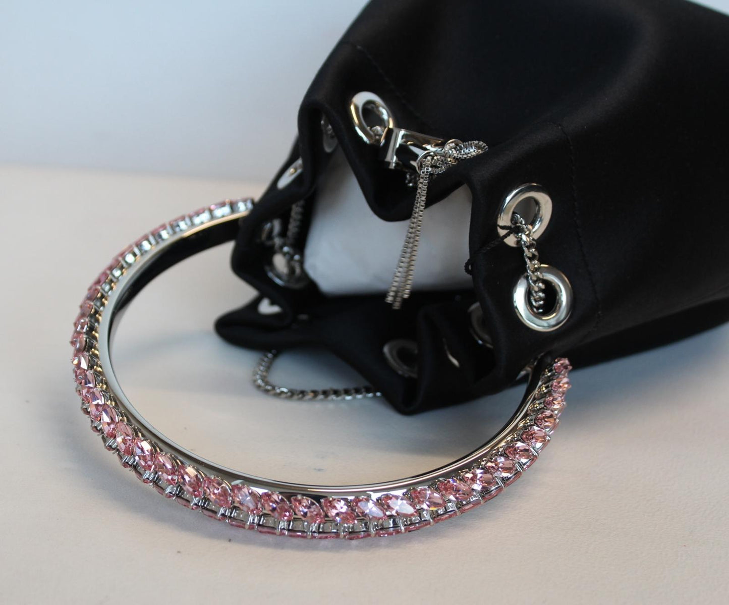 JIMMY CHOO Ladies Bon Bon Black Satin Pink Crystals Handle Bucket Bag NEW