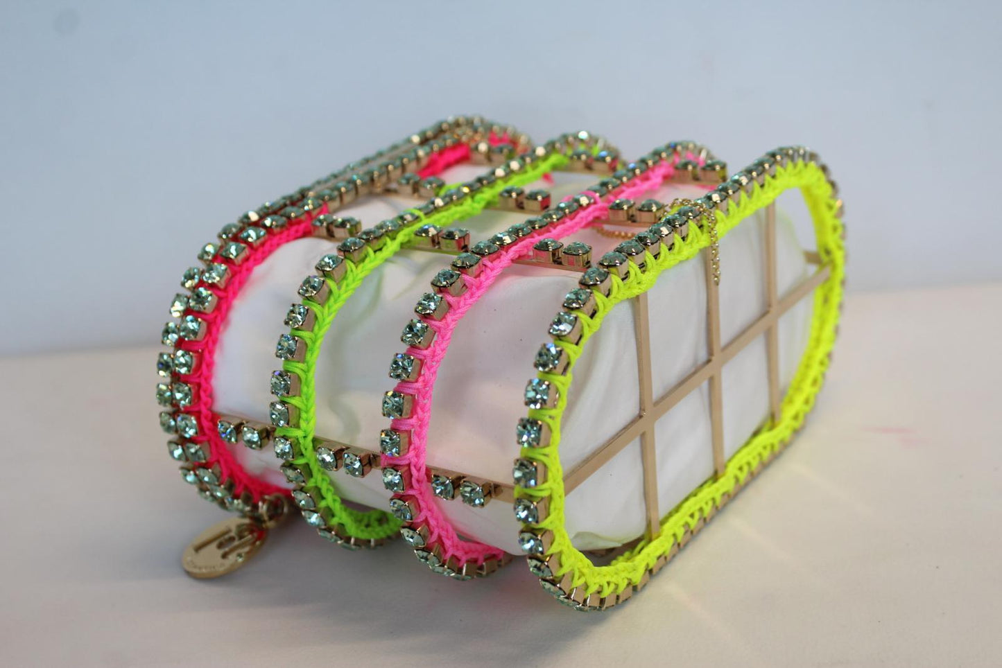 ROSANTICA Ladies Holli Macrame Neon Pink Multi Crochet Crystal Mini Bag NEW