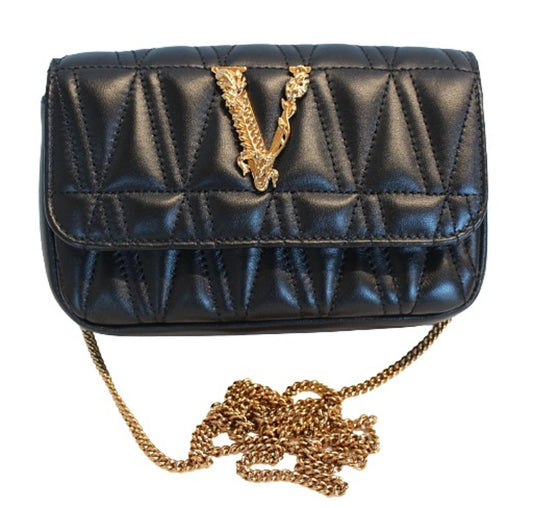 VERSACE Ladies Virtus Black Quilted Leather Chain Shoulder Bag 17 x 11 x 5cm NEW