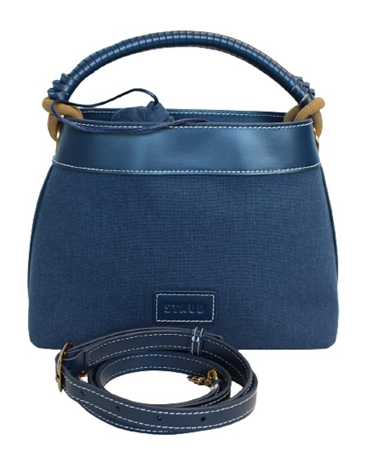 STAUD Ladies Tellie Blue Canvas Top Handle Leather Trim Drawstring Tote Bag NEW