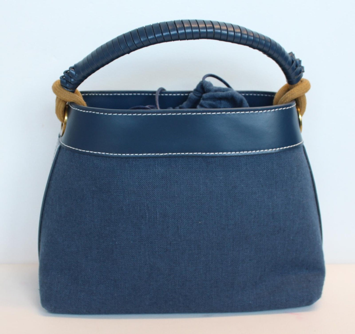 STAUD Ladies Tellie Blue Canvas Top Handle Leather Trim Drawstring Tote Bag NEW