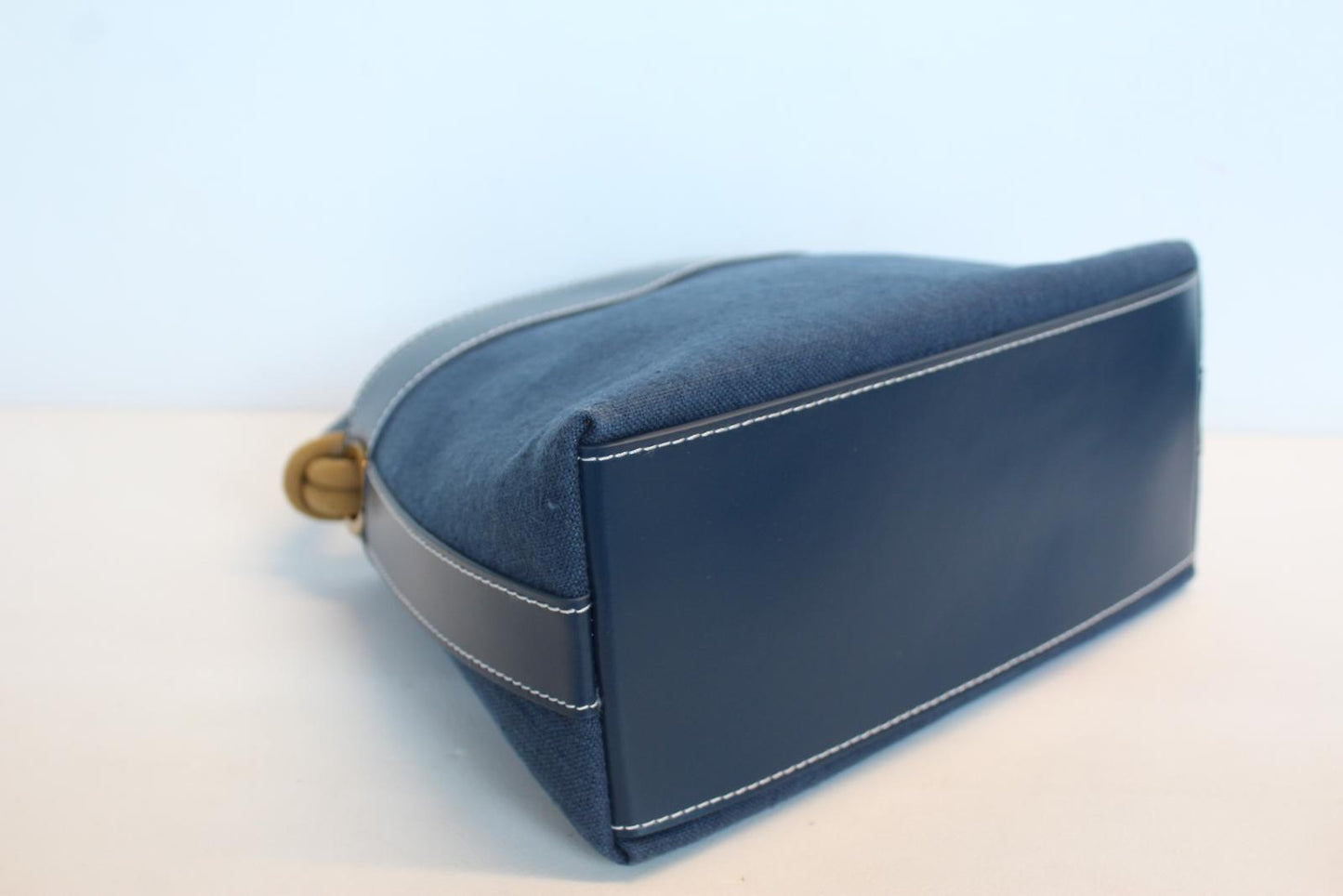 STAUD Ladies Tellie Blue Canvas Top Handle Leather Trim Drawstring Tote Bag NEW
