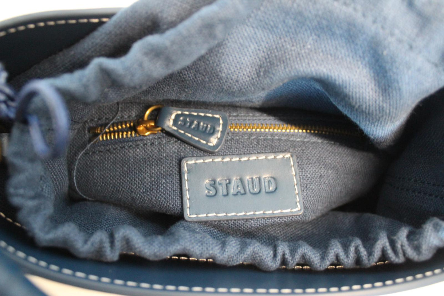 STAUD Ladies Tellie Blue Canvas Top Handle Leather Trim Drawstring Tote Bag NEW