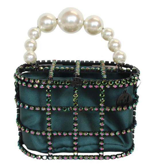 ROSANTICA Ladies Holli Faux Pearl Handle Crystal Green Cage Tote Bag NEW