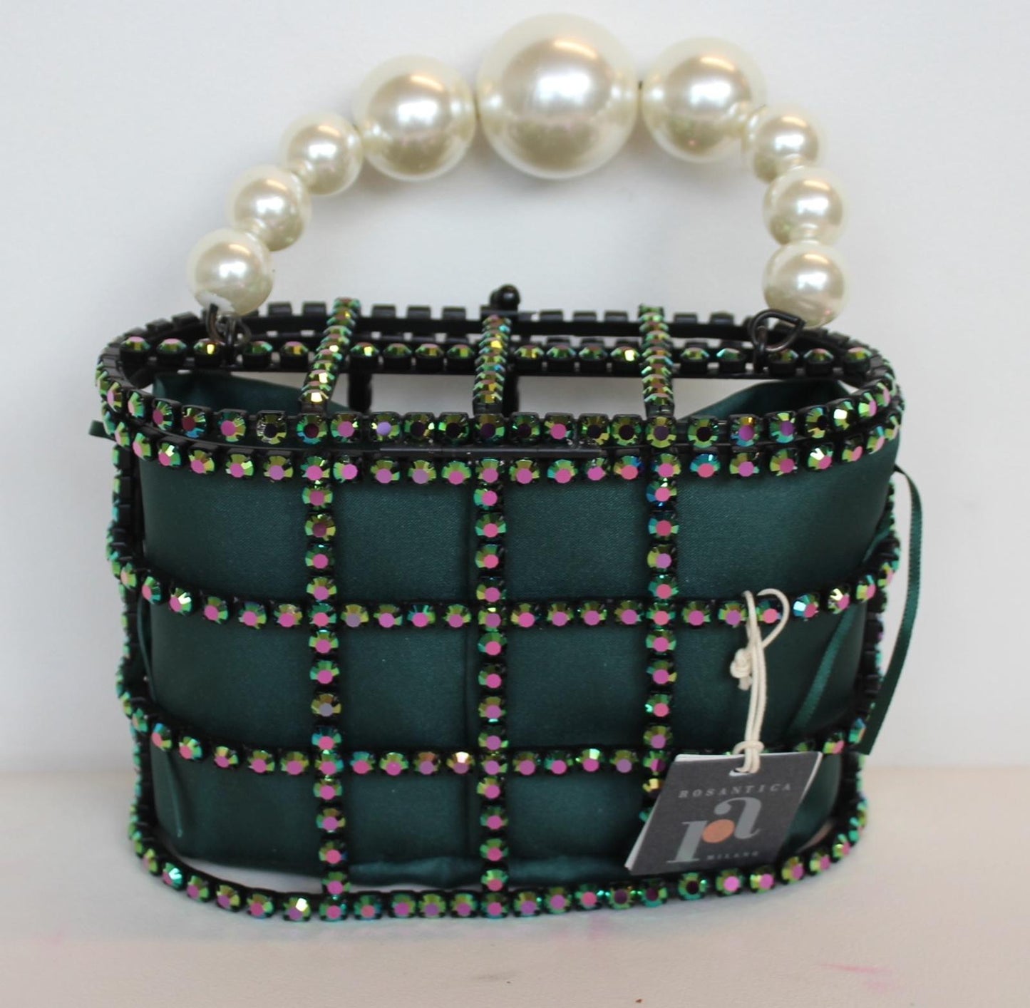 ROSANTICA Ladies Holli Faux Pearl Handle Crystal Green Cage Tote Bag NEW