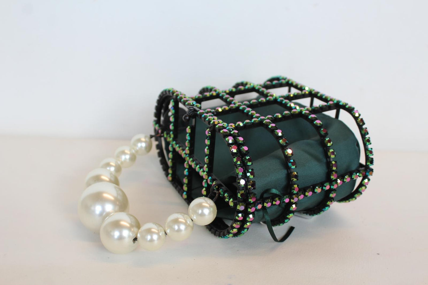 ROSANTICA Ladies Holli Faux Pearl Handle Crystal Green Cage Tote Bag NEW