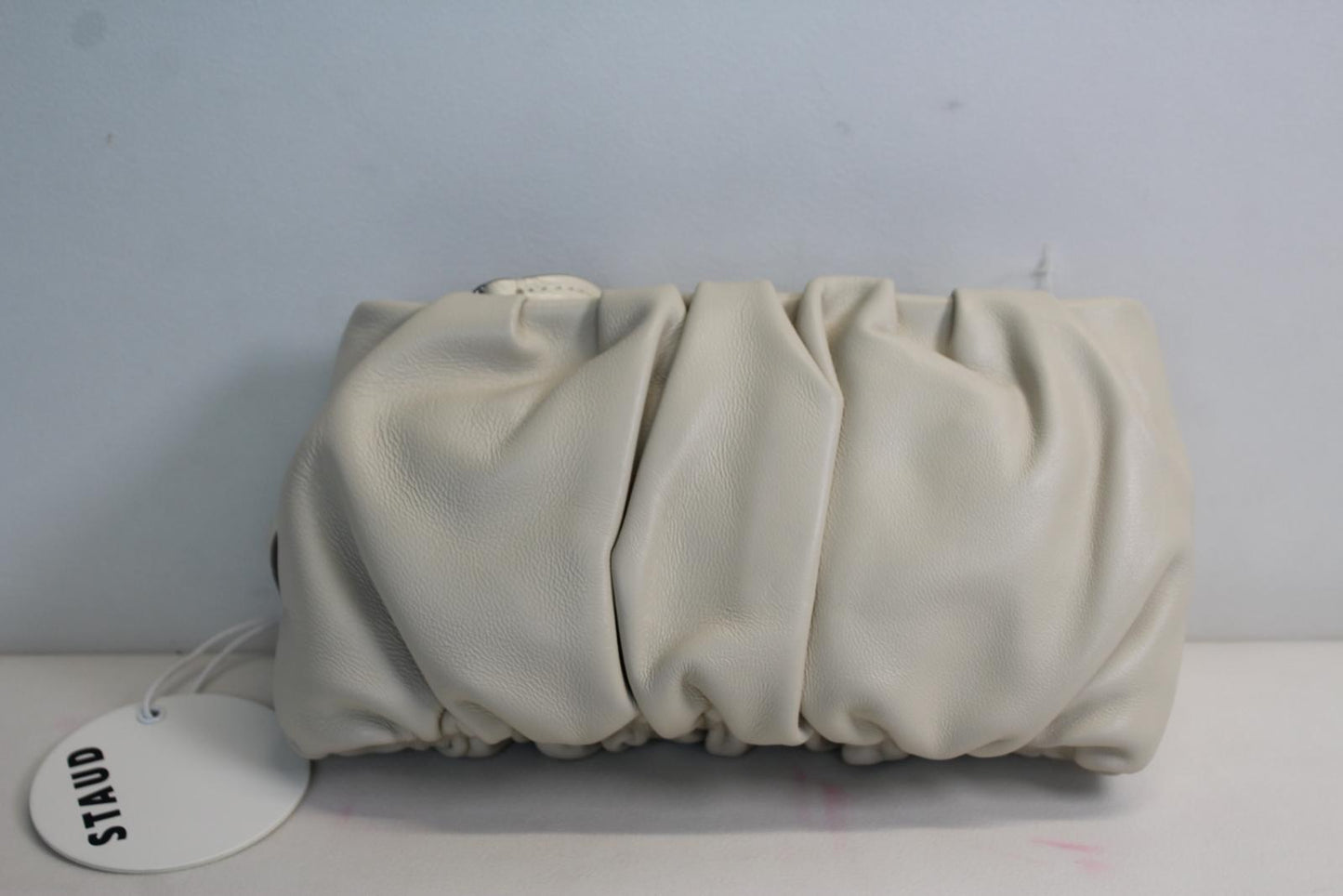 STAUD Ladies Bean Convertible Cream Ivory Ruched Leather Zip Shoulder Bag OS NEW