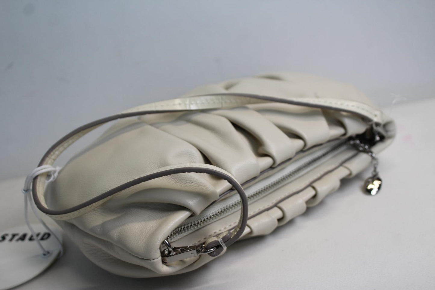 STAUD Ladies Bean Convertible Cream Ivory Ruched Leather Zip Shoulder Bag OS NEW
