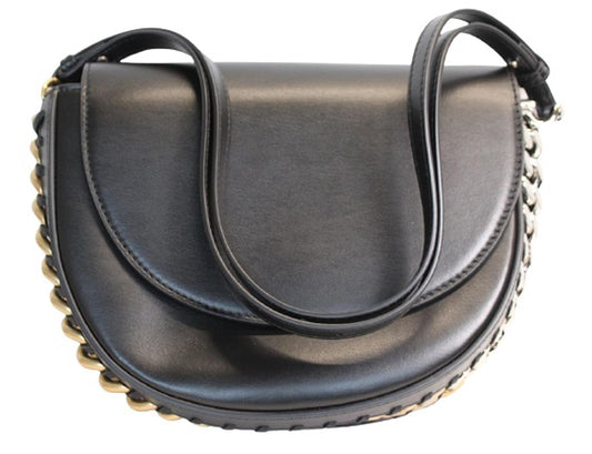 STELLA MCCARTNEY Ladies Frayme Medium Flap Black Faux Leather Shoulder Bag NEW