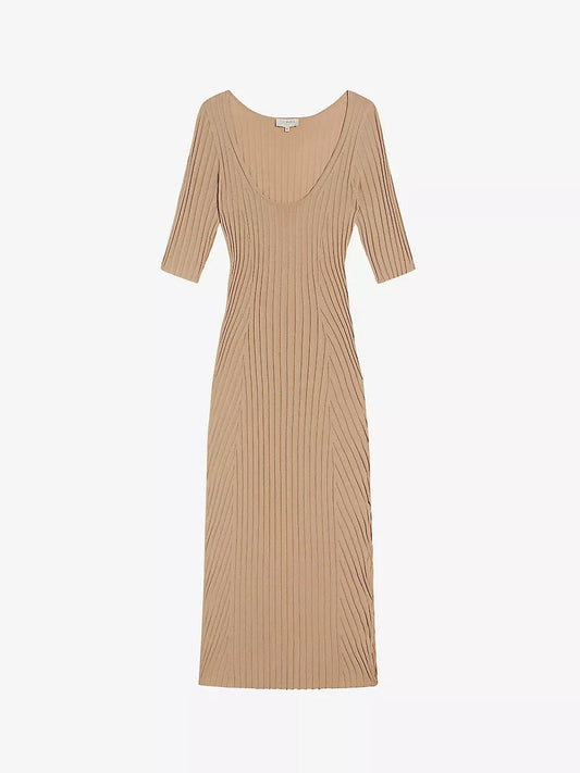 TED BAKER Kiierra Ladies Light Brown Low Back Bodycon Midi Knit Dress M BNWT