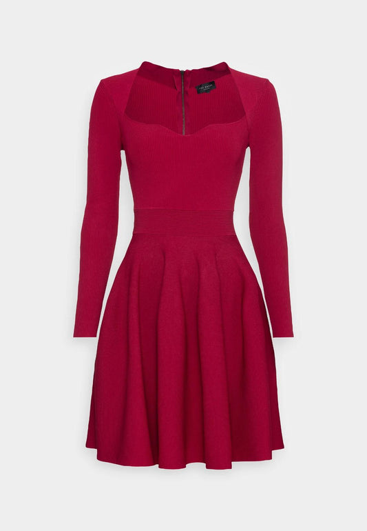 TED BAKER Viennia Deep Pink Long Sleeve Knit Sweetheart Skater Dress 2 UK10 BNWT